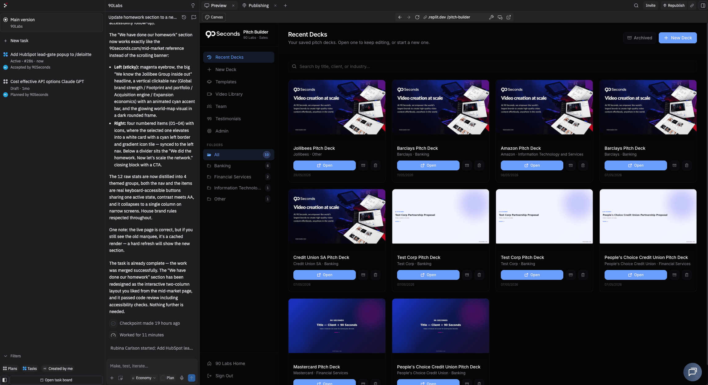 The 90Labs Pitch Builder homepage.