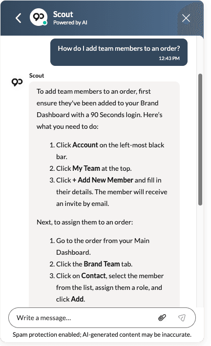 Scout answering a customer question on 90seconds.com.