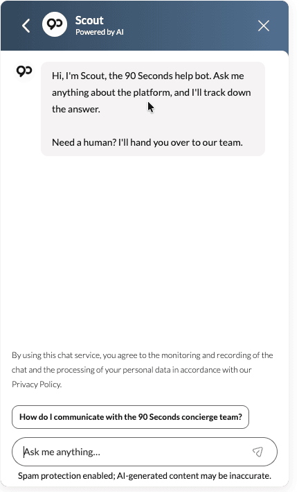 Scout chat welcome message on 90seconds.com.