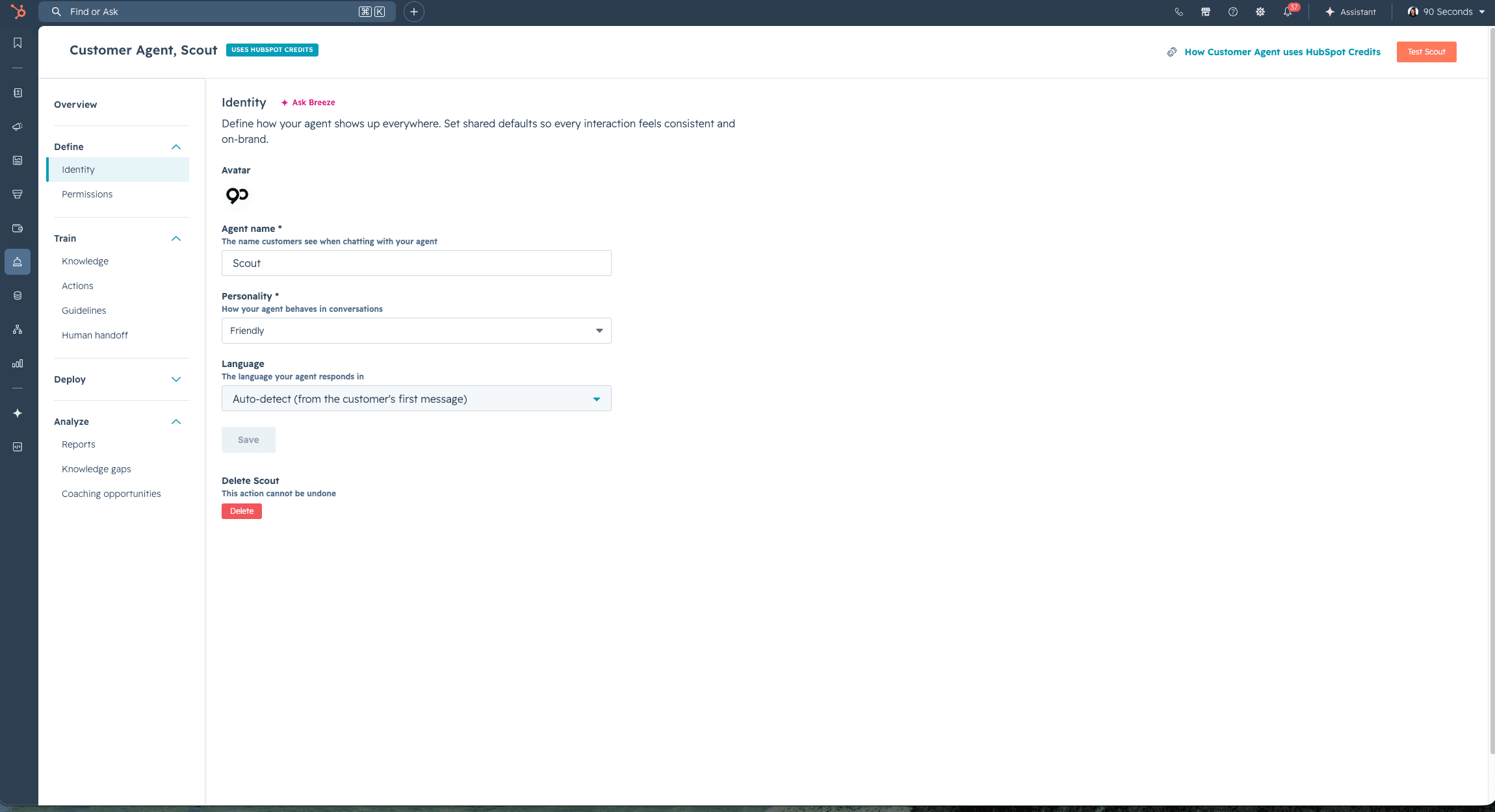 Scout identity setup in HubSpot Customer Agent.