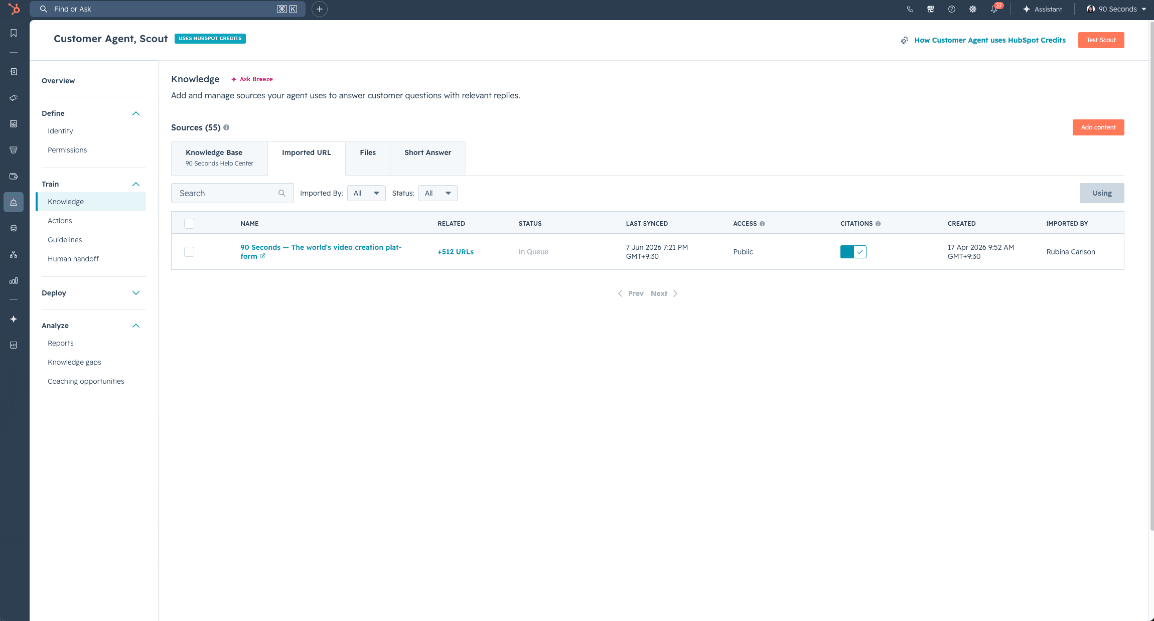 Scout knowledge setup in HubSpot Customer Agent.